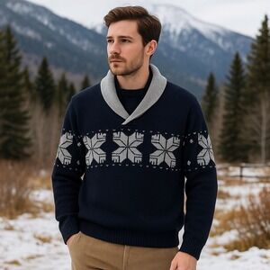 Saks Fifth Avenue Blue Men's L Wool Blend‎ Shawl Collar Nordic Snowflake Sweater